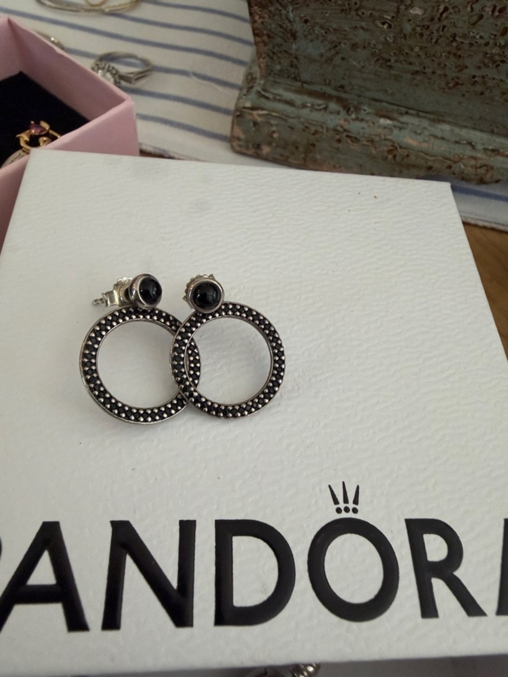 Pandora Silver-Tone Black Circle Drop Stud Earrings